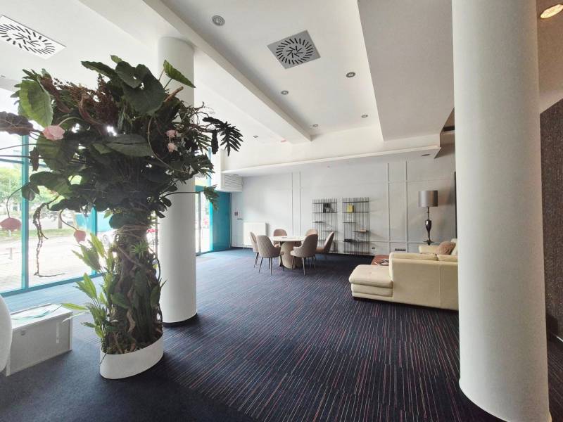 Interior of a commercial space with a sofa, table, and decorative plant stand.