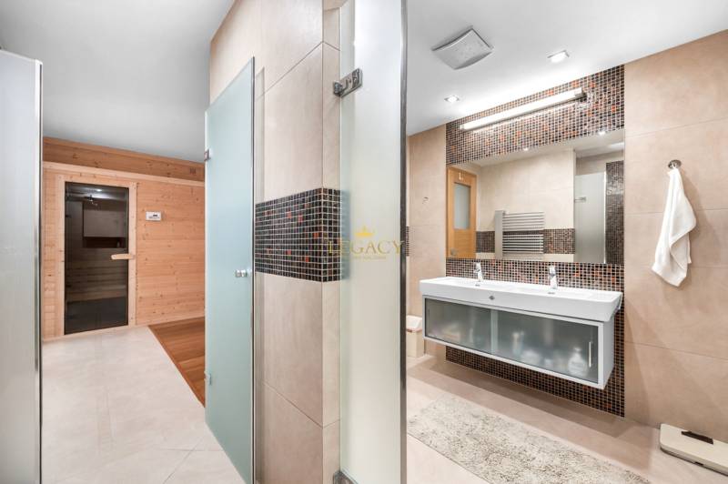 A bathroom in a family house with a Finnish sauna, two sinks, and a shower.