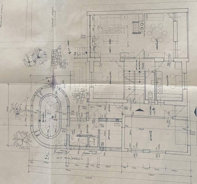 Floor plan of a family house with a garage, pool, and sauna on Jasná Street in Šamorín.
