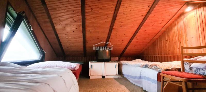 Attic bedroom in a cabin with wooden paneling, beds, and an older television.