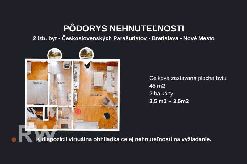 Floor plan of a 2-room apartment on Československých parašutistov, Bratislava - Nové Mesto, 45 m², 2 balconies.