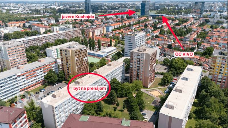 Aerial view of residential buildings in Bratislava on Československých Parašutistov, near Kuchajda.
