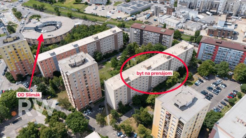 Aerial view of residential buildings with a marked 2-room apartment in Bratislava – Nové Mesto.