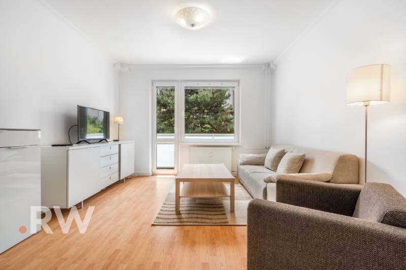 Living room in a two-room apartment with a comfortable sofa, table, and television, wooden decor flooring.