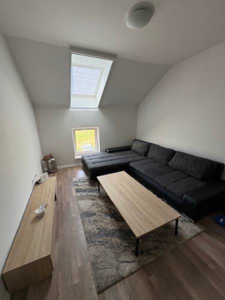 Living room in a two-room apartment with a sofa and a skylight.