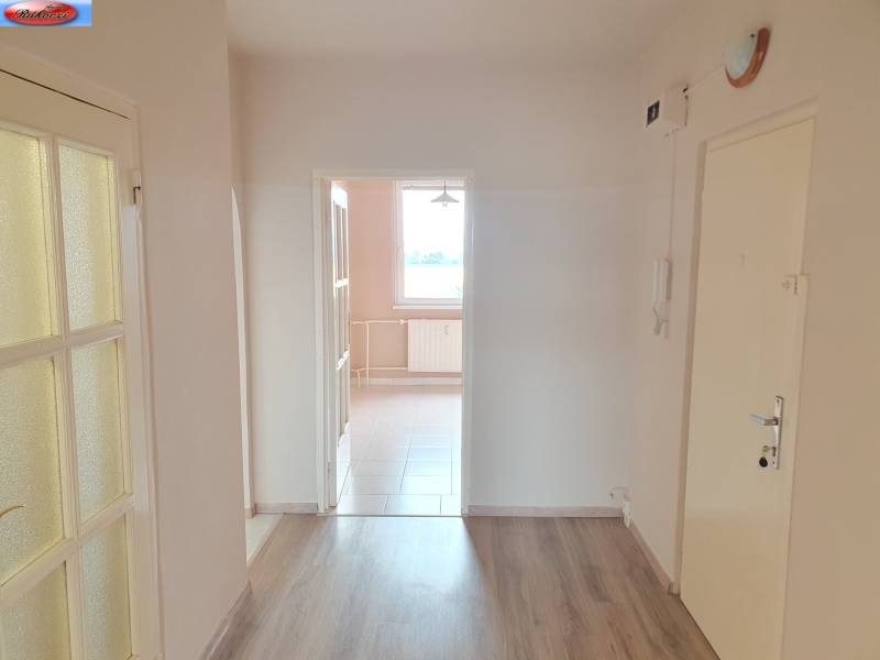 Interior of a 3-room apartment with laminate flooring and glass doors to the kitchen.