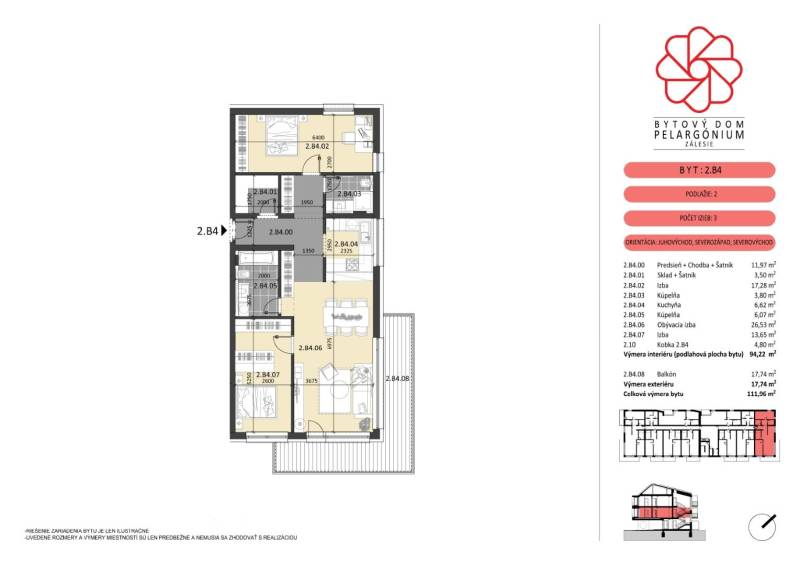 Floor plan of a 3-room apartment in Zálesie on Muškátová Street with detailed dimensions of the rooms.