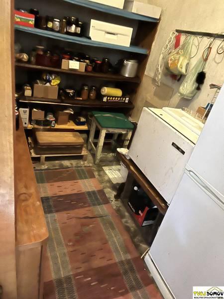 Pantry in a family house with supplies, shelves, and a carpet.