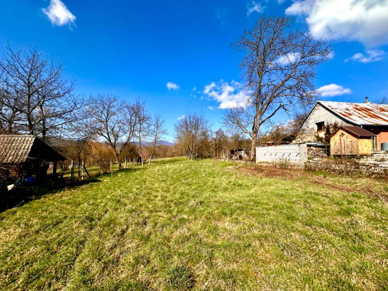 A garden with a wooden house in Moravské Lieskové, trees, blue sky, construction of houses.