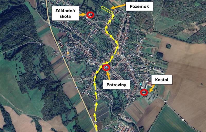 Map of Moravské Lieskové with markings for roads, school, church, and grocery store.