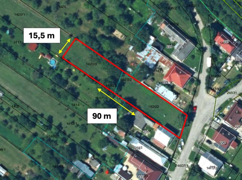 Aerial view of the land for house construction in Moravské Lieskové, dimensions 15.5 x 90 meters.