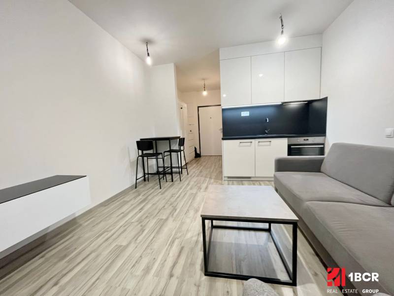 Studio apartment with a kitchenette, sofa, and dining table, wooden floors.