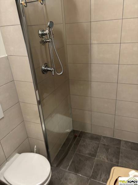 Bathroom with shower and toilet in a 3-room apartment.