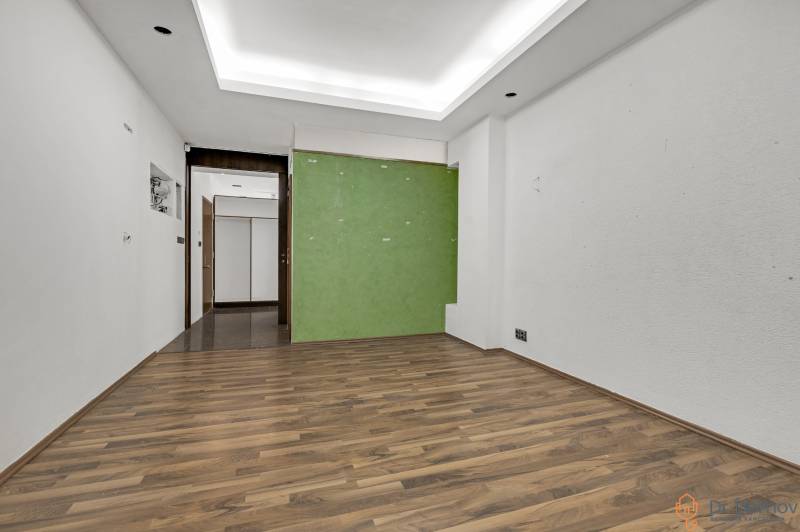 Interior with wooden flooring and a green wall in commercial premises.