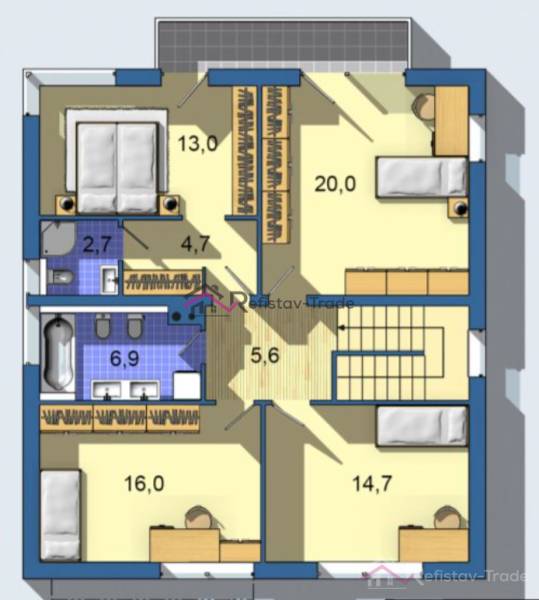 Floor plan of a family house with four rooms, a bathroom, and closets.