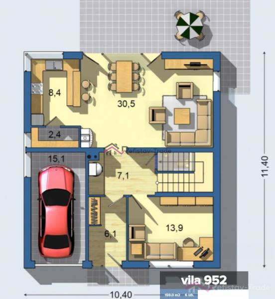 Floor plan of a family house with a garage, living room, and dining room.