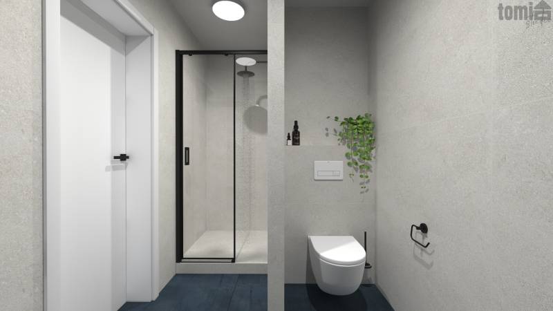 Bathroom in a 2-room apartment with a shower, toilet, and a plant on the wall.