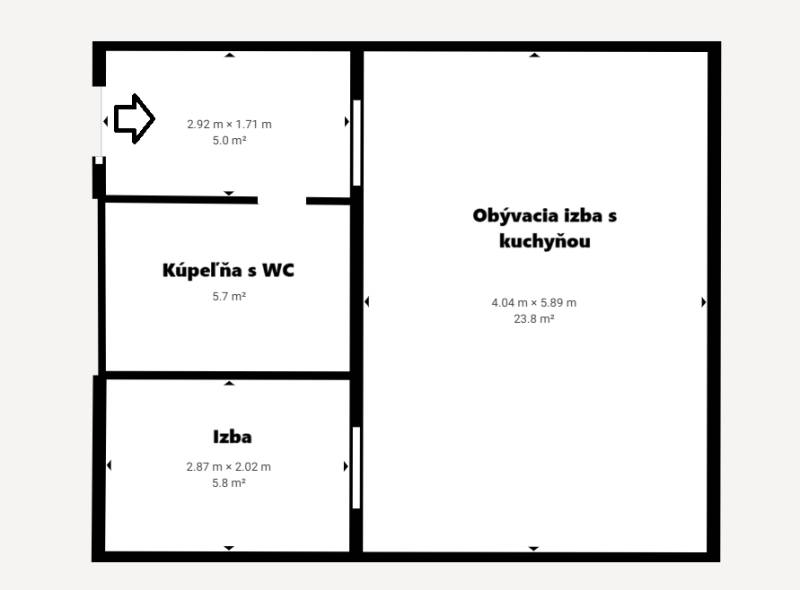 Floor plan of a 2-room apartment with a bathroom and a spacious living room with a kitchen.