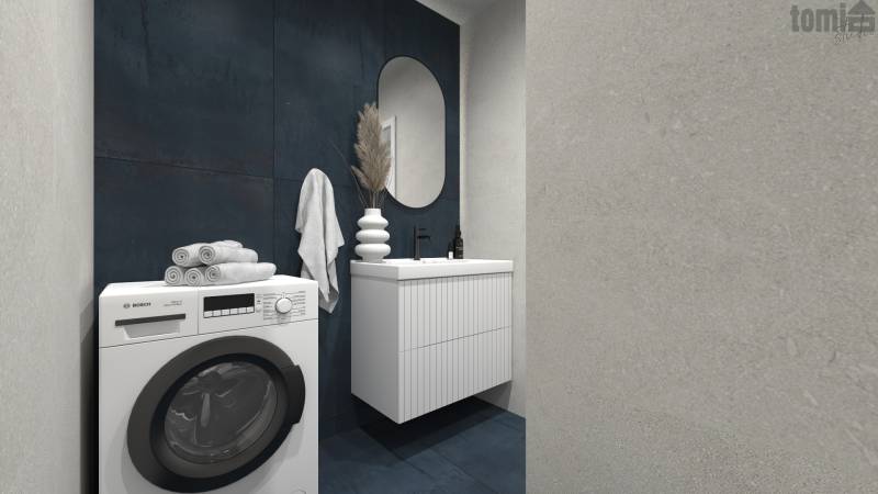 A bathroom with a washing machine, sink, and dark tiles in a 2-room apartment.
