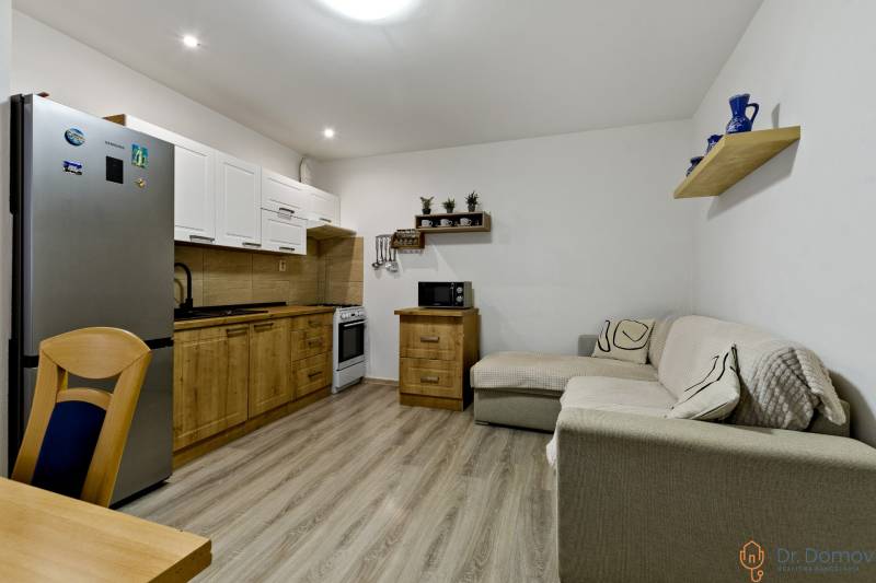 Open kitchen with wooden cabinets and a sofa in a 2-room apartment.