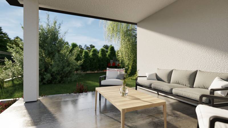 On Pánska Niva Street, in a family house, there is a terrace with a sofa and a table in nature.