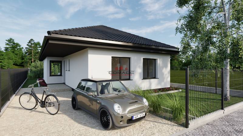 A family house with a car and a bicycle is located on Pánska Niva Street, modern design.
