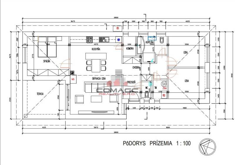 The floor plan of the family house on Pánska Niva shows a living room, kitchen, bedroom, and terrace.