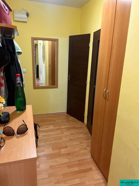 Hallway in a 3-room apartment with wooden flooring, built-in wardrobe, and mirror.