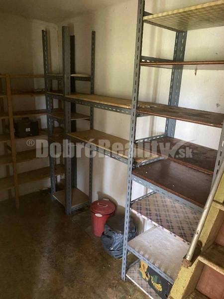 Storage space in a family house with metal and wood shelves.