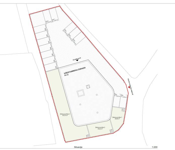 A construction plan with parking spaces and greenery for a 3-bedroom apartment in the city of Vodice.