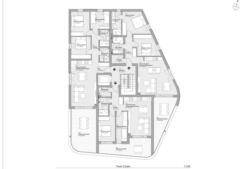 The design of the 3-room apartment shows the arrangement of the rooms and spacious terraces.