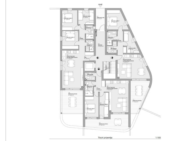 Floor plan of a 3-room apartment with room and terrace labels.