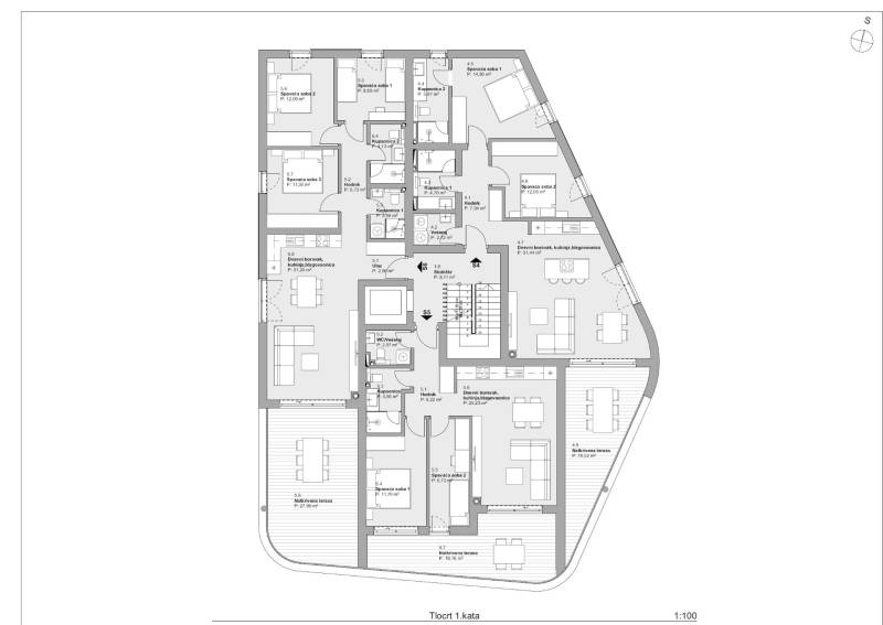 Floor plan of 3-bedroom apartments with terraces and rooms in a modern apartment complex.