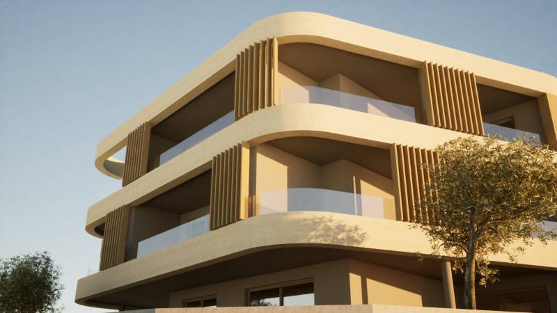 A three-story building with rounded balconies in the city of Vodice.