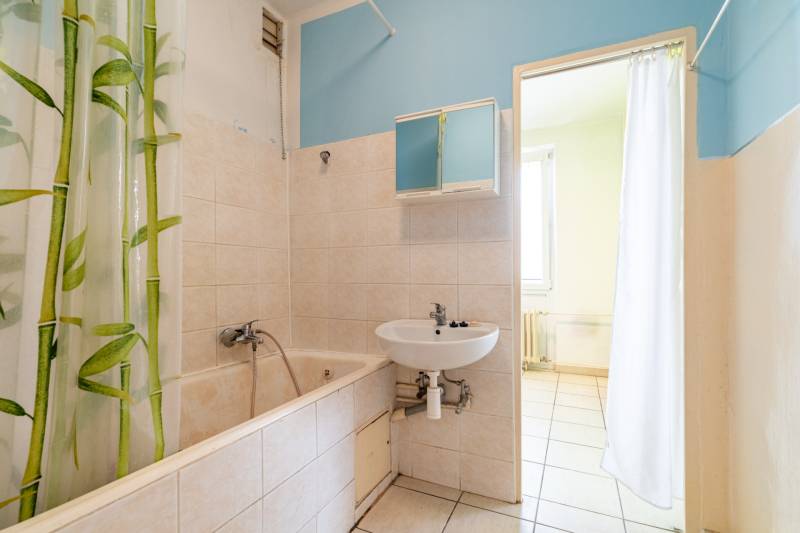 A bathroom in a studio apartment with a bathtub, a sink, and a curtain with a bamboo motif.