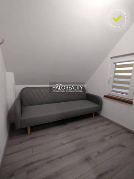 Studio apartment with a slanted ceiling, gray sofa, and window blinds.