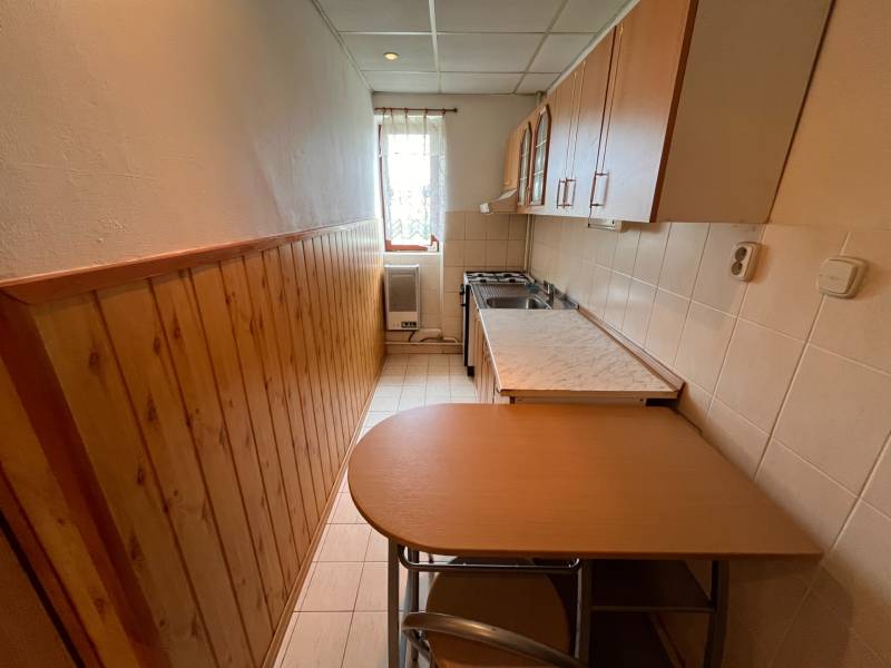 A kitchen in a 2-room apartment with a wooden wall and simple furnishings.
