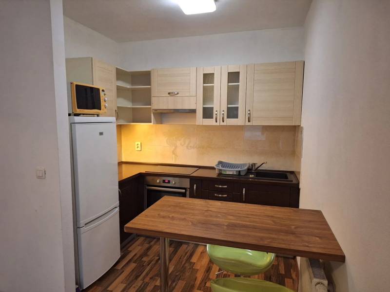 A kitchen with appliances, a wooden countertop, and a dining table in a 2-room apartment.