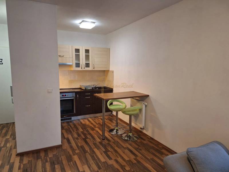 A kitchen corner with a bar counter and wooden flooring in a two-room apartment.