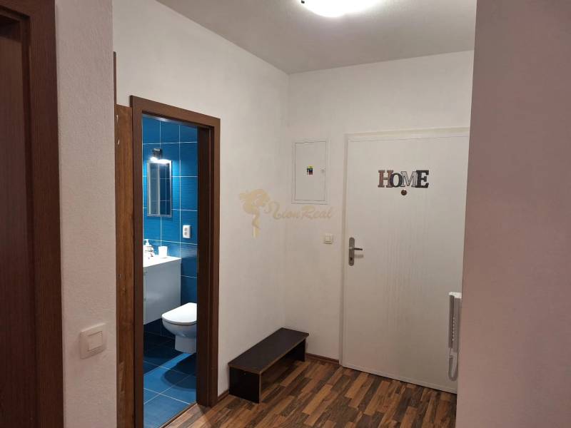 A hallway in a 2-room apartment with a view into the bathroom.