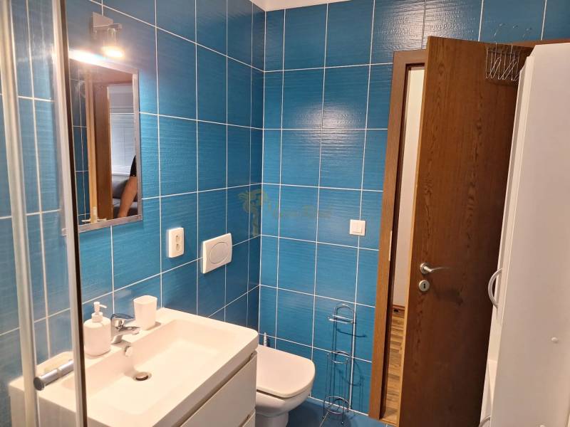 A bathroom with a shower, a sink, and blue tiles in a 2-room apartment.