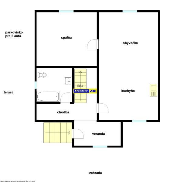 Floor plan of a family house with a bedroom, living room, kitchen, hallway, and bathroom.