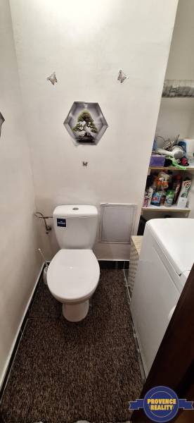A bathroom in a 3-room apartment with a toilet, a washing machine, and shelves with cleaning products.