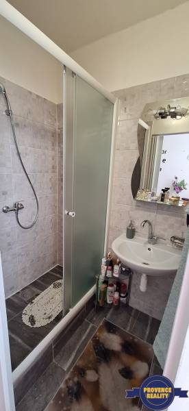 A bathroom in a 3-room apartment with a shower and a sink full of natural light.