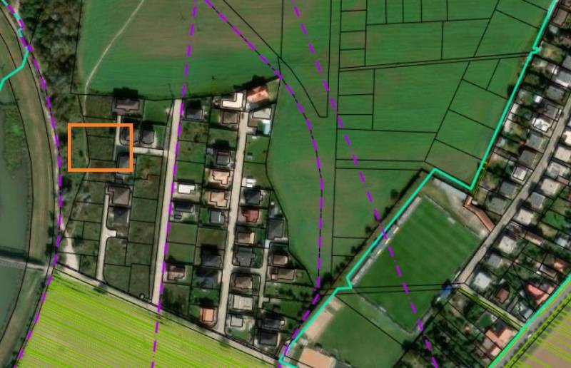 Aerial view of residential plots in Moravany nad Váhom on Západná Street.