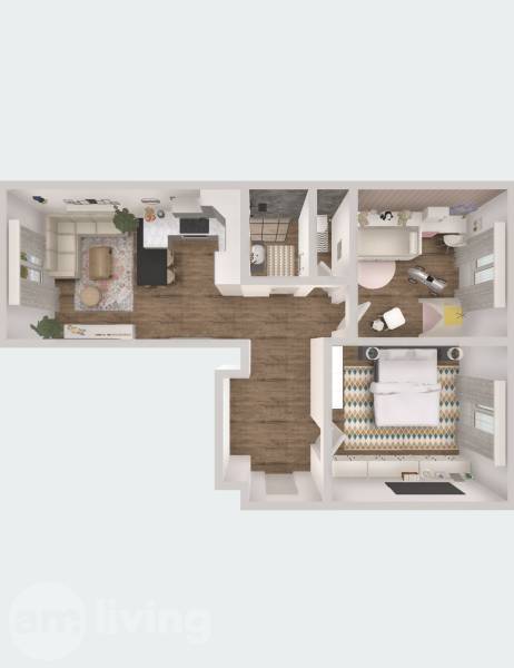 Floor plan of a 3-room apartment with a living room, kitchen, two bedrooms, and a bathroom.