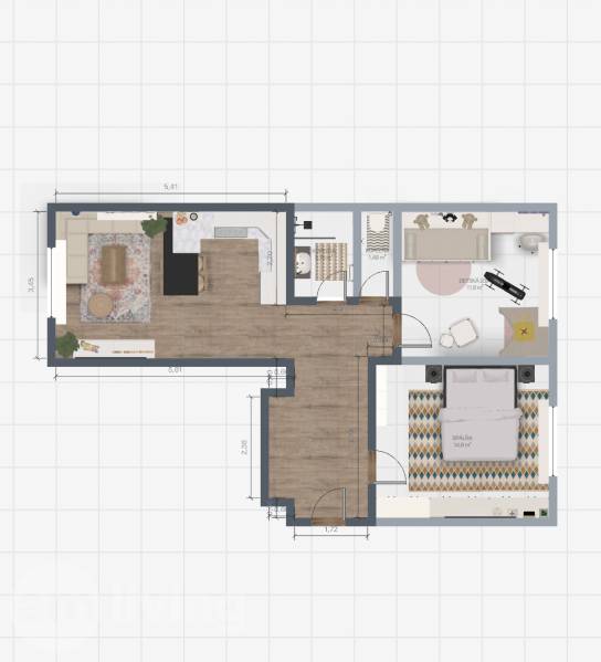 Floor plan of a 3-room apartment with spaces for sleeping, living, and household activities.