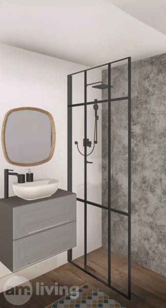 A bathroom in a 3-room apartment with a sink, mirror, and a shower enclosure with a black frame.
