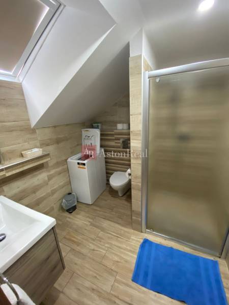 A bathroom in a family house with a shower, a washing machine, and wooden wall panels.