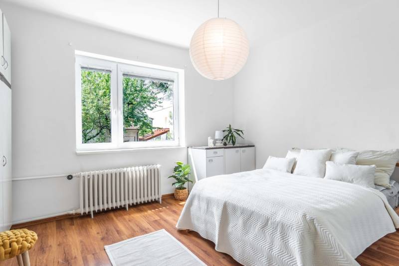 A bright room with a bed, plants, and a window in a two-room apartment.